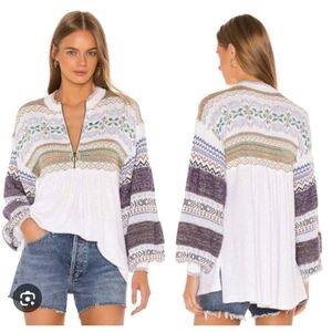 Free People White Boho Cabin Fever  Sweater In White/Very Pale Blue